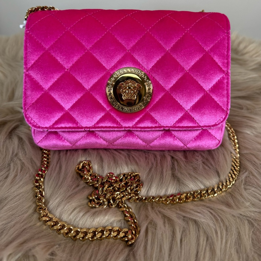 Authentic New Versace La Medusa Velvet Hot Pink Quilted Crossbody